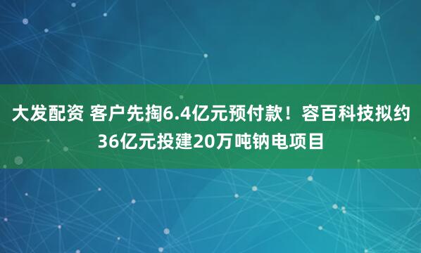 大发配资 客户先掏6.4亿元预付款!容百科技拟约36亿元投建20万吨钠电项目